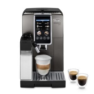 De'Longhi Dinamica Plus ECAM380.95.TB Volautomatische espressomachine met melkcrème, one-touch cappuccino, met 24 recepten, 3,5 inch TFT-kleurendisplay, 1450 W, titanium/zwart