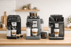 Drie verschillende espressomachines op een houten keukenblad, ideaal voor koffieliefhebbers die de beste koffiemachine willen kiezen.