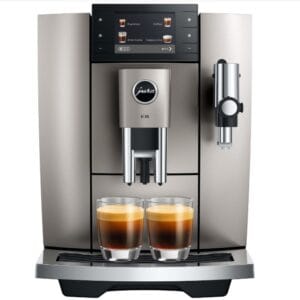 Espressomachine Jura E8 met touchbediening en dual cappuccino systeem, perfect voor koffie enthusiast en thuisbaristas. Topkwaliteit koffiemachine met automatisering en gebruiksvriendelijkheid.