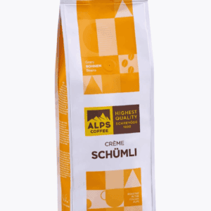 Zak met koffiebonen Crème Schümli, ideaal voor espressomachinegebruik, met hoogwaardige Alpen koffie, geschikt voor thuis en professioneel gebruik.