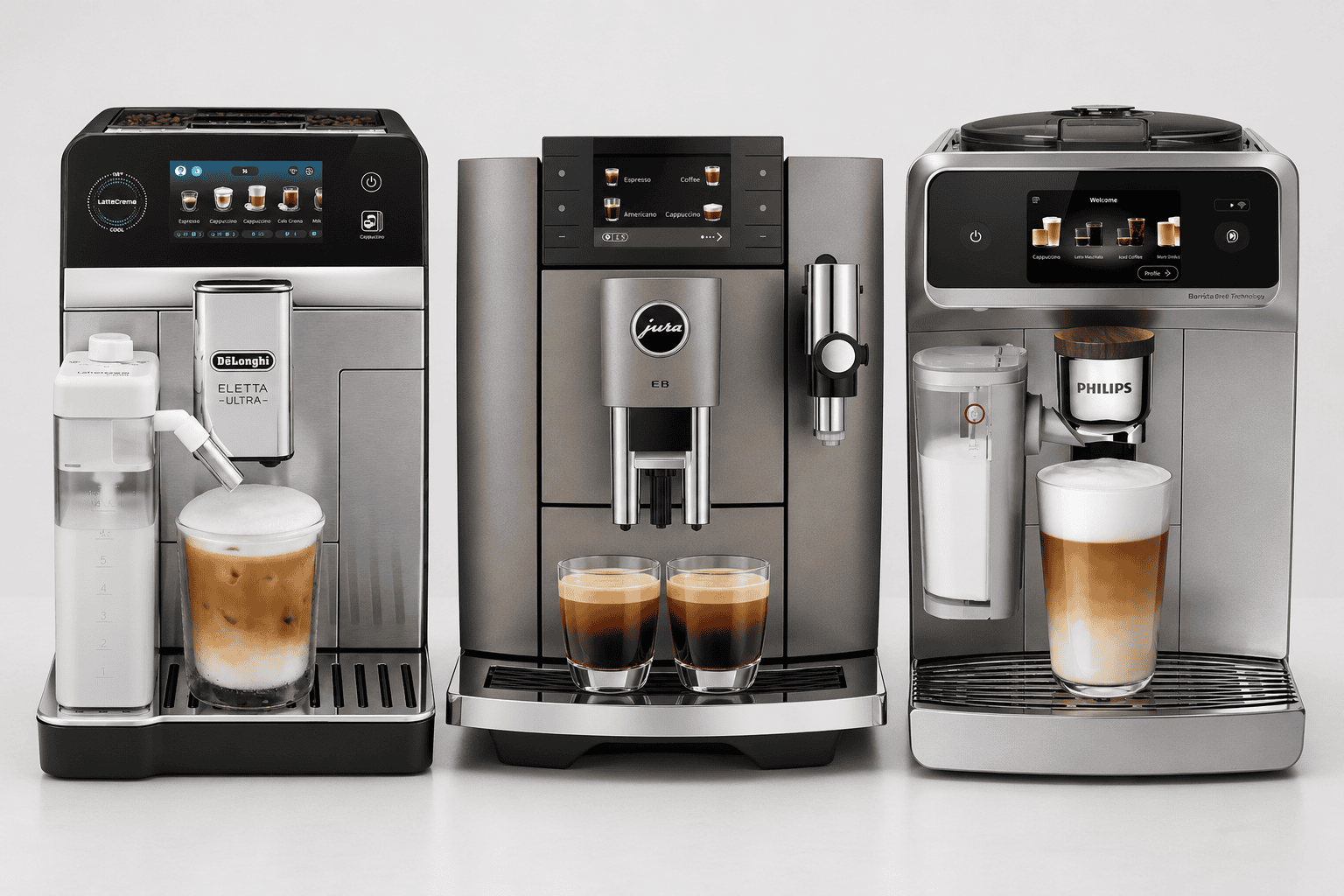 Drie verschillende koffiemachines voor het maken van espresso, cappuccino en latte, ideaal voor koffieliefhebbers die kwaliteit en gemak zoeken.