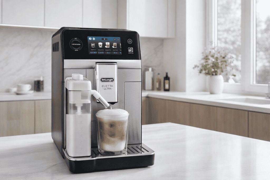 Moderne DeLonghi Eletta Explore koffiemachine voor het maken van diverse koffievariaties, ideaal voor thuisgebruik en koffieliefhebbers.