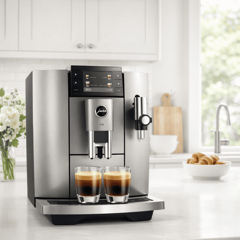 Moderne JURA koffiemachine op een keukenaanrecht, klaar voor gebruik met twee kopjes koffie. Ideaal voor het kiezen van de juiste koffiemachine met onze keuzehulp.