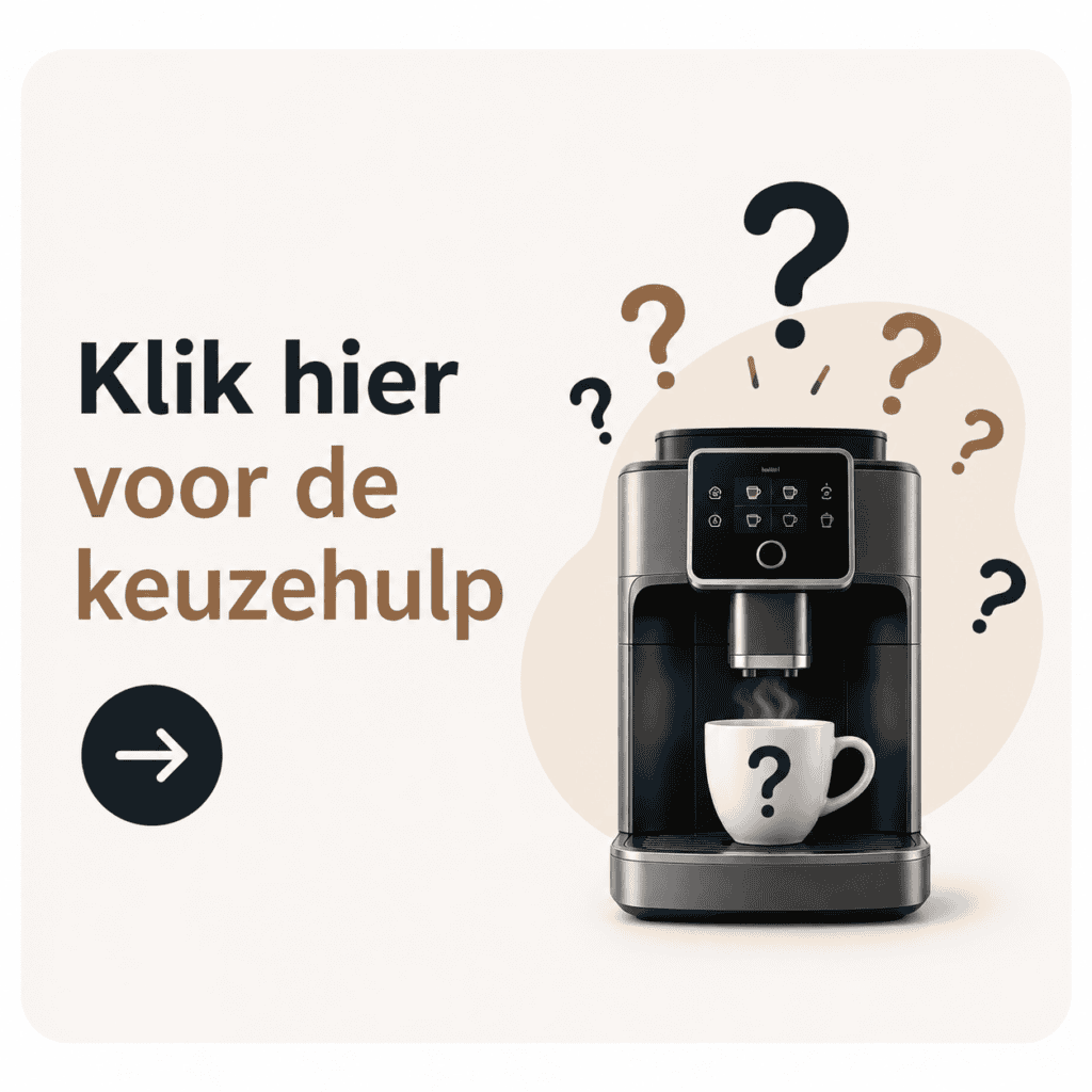 Afbeelding van een moderne koffiemachine met vraagtekens, uitnodigend voor hulp bij het kiezen van de beste koffiemachine voor jouw behoeften.