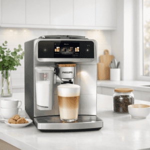 Moderne koffiemachine met melkopschuimer en touchscreen voor het maken van diverse koffievariaties. Perfect voor thuisgebruik en koffieliefhebbers.