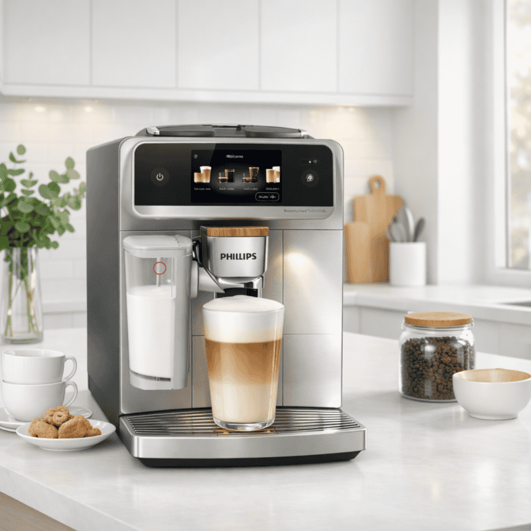 Moderne koffiemachine met melkopschuimer en touchscreen voor het maken van diverse koffievariaties. Perfect voor thuisgebruik en koffieliefhebbers.