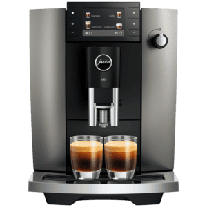 Jura E6 ED Dark Inox koffiemachine met touchscreen en dubbele kopjes, ideaal voor espresso en koffiecreaties.